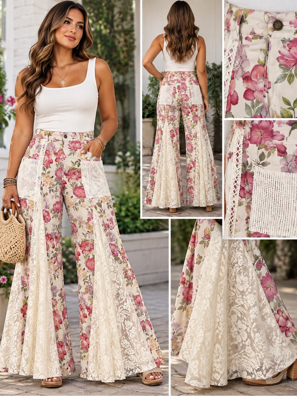 SHEIN XL Floral Lace Panel Wide Leg Pants Boho Cottagecore